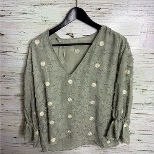 Zara Olive Green Textured Blouse with Cream Accents size large sheer